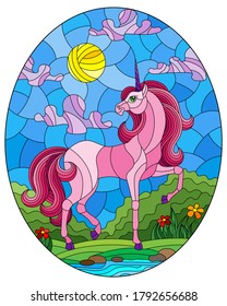 Illustration in stained glass style with bright unicorn on the background of a stream, cloudy sky and sun