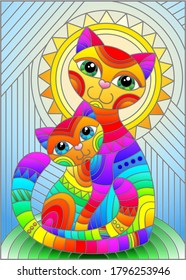 Illustration in stained glass style with a bright rainbow cat and kitten on the background of an abstract geometric sky and sun, rectangular image