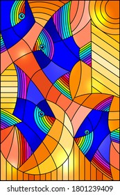 Ilustración en vidrio manchado con peces abstractos brillantes sobre un fondo geométrico de color naranja