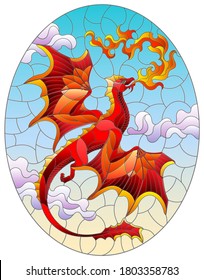 Illustration in stained glass style with bright red dragon with flames against the sky and clouds background, oval image