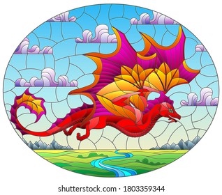 Illustration in stained glass style with bright red dragon on landscape and blue sky background, oval image 