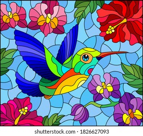 Illustration in stained glass style with a bright Hummingbird bird on the background of the sky and flowers of orchids and hibiscus