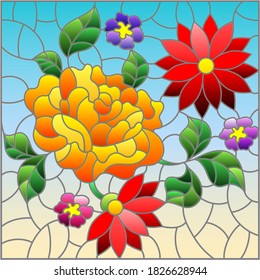 Illustration in stained glass style with a bright flower arrangement on a blue background, square image