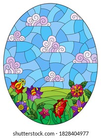 Illustration in stained glass style with bright flowers on the background of fields and cloudy sky, oval image