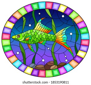 Illustration in stained glass style of a bright green fish on a background of algae and water, oval image in a bright frame