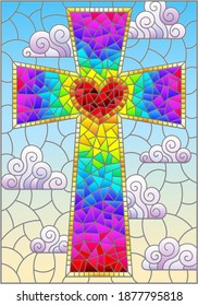 Illustration in stained glass style with a bright Christian cross on a background of sky and clouds, rectangular image