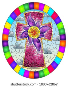 Illustration in stained glass style with a bright Christian cross with flower on a background of sky and clouds, oval image in bright frame