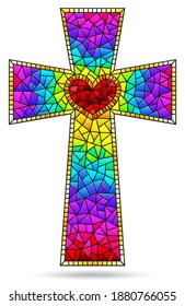 Illustration in stained glass style with bright Christian crosses with heart isolated on white background