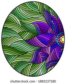 Illustration in stained glass style with bright purple abstract flower on a green wavy background, oval image