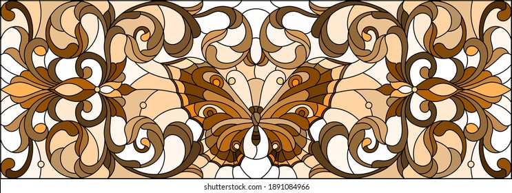 Illustration in stained glass style with a bright butterfly, flowers and swirls light background, horizontal illustration, tone brown, sepia