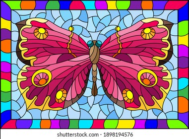 Illustration in stained glass style with a bright pink butterfly on a blue background in a bright frame, rectangular image