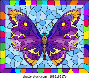 Illustration in stained glass style with a bright purple butterfly on a blue background in a bright frame, rectangular image