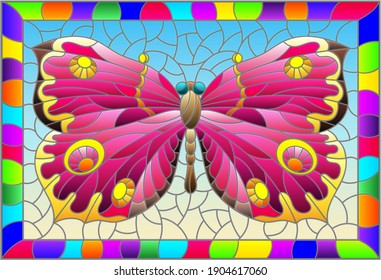 Illustration in stained glass style with a bright pink butterfly on a blue background in a bright frame, rectangular image