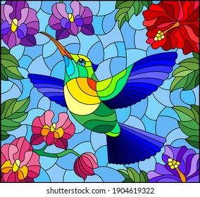 Illustration in stained glass style with a bright Hummingbird bird on the background of the sky and flowers of orchids and hibiscus