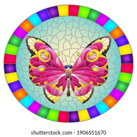 Illustration in stained glass style with a bright pink butterfly on a blue background in a bright frame, oval image