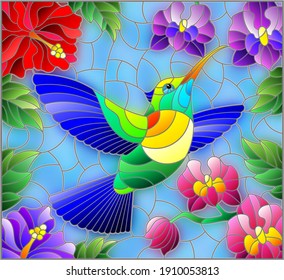 Ilustración en un estilo de vidrio manchado con un colibrí brillante sobre el fondo del cielo y flores de orquídeas e hibiscos