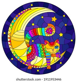 Illustration in the stained glass style with a bright cartoon cat on the moon on the background of the starry sky, round image