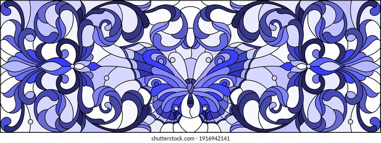 Illustration in stained glass style with a bright butterfly, flowers and swirls light background, horizontal illustration, tone blue