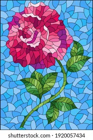 Illustration in stained glass style with a bright pink rose flower on a blue background, rectangular image