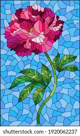 Illustration in stained glass style with a bright pink peony flower on a blue background, rectangular image