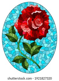 Illustration in stained glass style with a bright red rose flower on a blue background, oval image