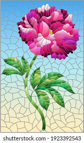 Illustration in stained glass style with a bright pink peony flower on a blue background, rectangular image