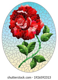 Illustration in stained glass style with a bright red rose flower on a blue background, oval image
