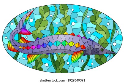 Illustration in stained glass style with bright abstract sturgeon fish on the background of algae, air bubbles and water, oval image