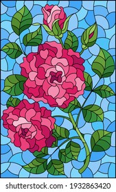 Illustration in stained glass style with a bright pink roses flowers on a blue background, rectangular image