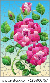 Illustration in stained glass style with a bright pink roses flowers on a blue background, rectangular image