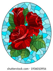 Illustration in stained glass style with a bright red rose flowers on a blue background, oval image