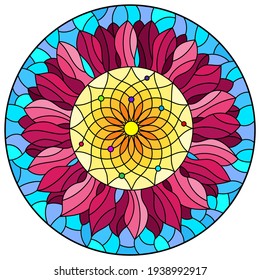 Illustration in stained glass style with bright flower on a blue sky background,oval  image