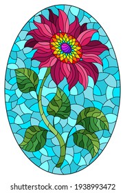 Illustration in stained glass style with bright flower on a blue sky background,oval  image