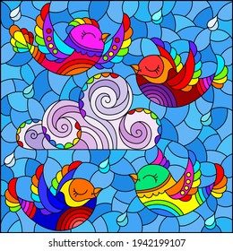 Illustration in stained glass style with bright cute birds and a cloud on a background of blue sky and raindrops, rectangular image