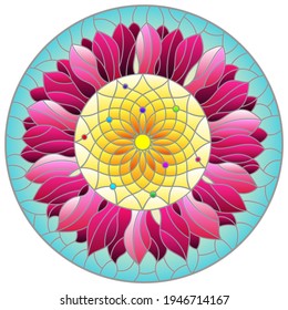 Illustration in stained glass style with bright flower on a blue sky background,oval  image