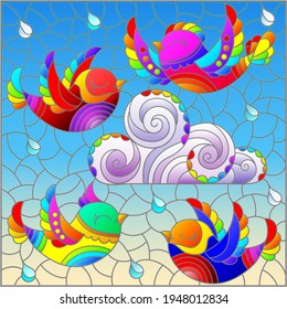 Illustration in stained glass style with bright cute birds and a cloud on a background of blue sky and raindrops, rectangular image