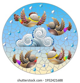 Illustration in stained glass style with bright cute birds and a cloud on a background of blue sky and raindrops, oval image