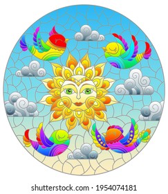 Illustration in stained glass style with bright cute birds and a sun on a background of blue sky, oval image