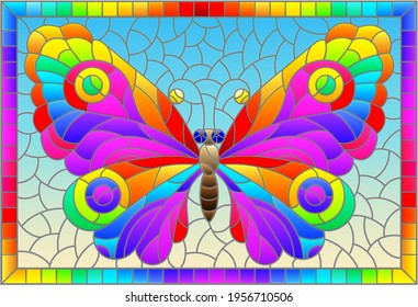 Illustration in stained glass style with a bright rainbow butterfly on a blue background in a bright frame, rectangular image