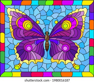 Illustration in stained glass style with a bright purple butterfly on a blue background in a bright frame, rectangular image