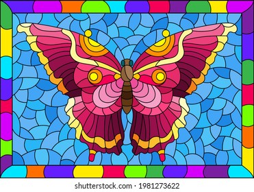 Illustration in stained glass style with a bright pink butterfly on a blue background in a bright frame, rectangular image