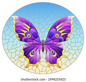 Illustration in stained glass style with a bright purple butterfly on a blue background, oval image