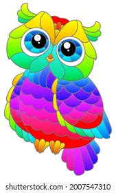 Illustration in stained glass style with a bright cartoon owl, the animal is isolated on a white background