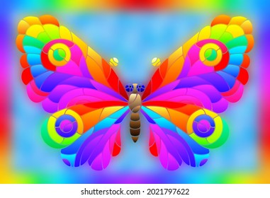 Illustration in stained glass style with a bright rainbow butterfly on a blue background in a bright frame, rectangular image