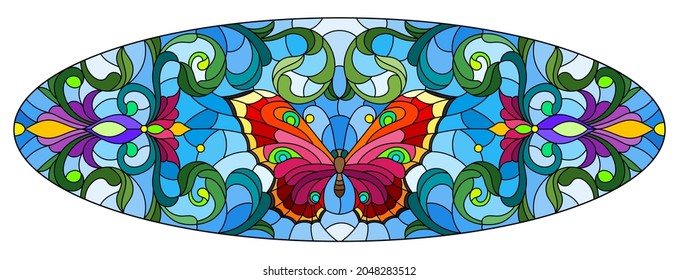 Illustration in stained glass style with a bright butterfly, flowers and swirls on a blue background, oval horizontal illustration