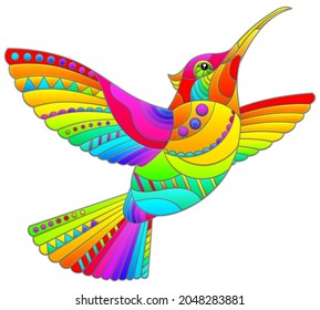 Illustration in the stained glass style of a bright Hummingbird bird, isolated on a white background