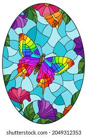 Ilustración en un estilo de vidrio manchado con una mariposa brillante sobre un fondo de flores y cielo, imagen ovalada en un marco brillante