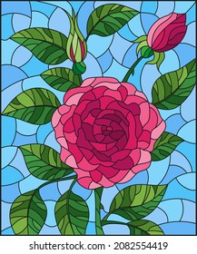 Illustration in stained glass style with a bright pink roses flowers on a blue background, rectangular image