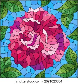 Illustration in stained glass style with a bright pink rose flower on a blue background, square image