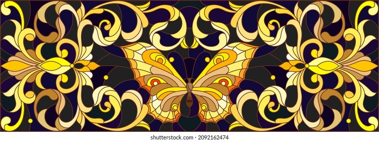 Illustration in stained glass style with a bright butterfly,imitation gold on dark background with swirls and floral motif